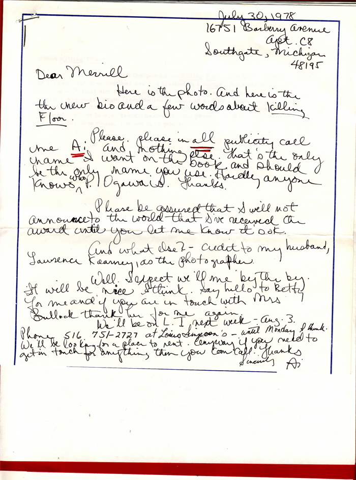 Ai's Lamont Prize Letter, 1978
