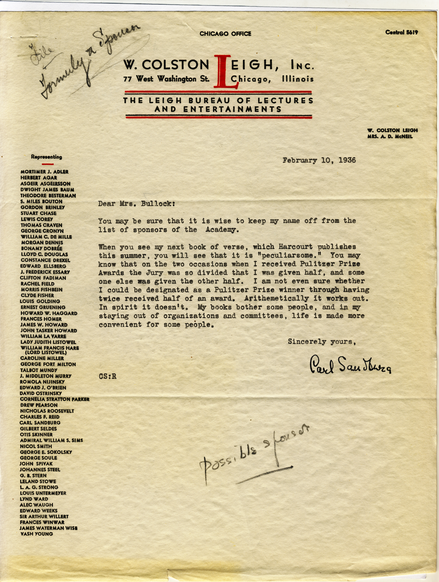 Carl Sandburg Letter, 1936
