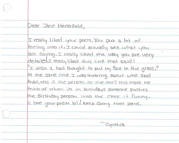 Dear Jane Hirshfield from Cynthia