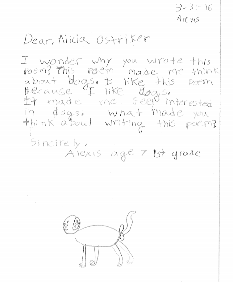Dear Alicia Ostriker from Alexis