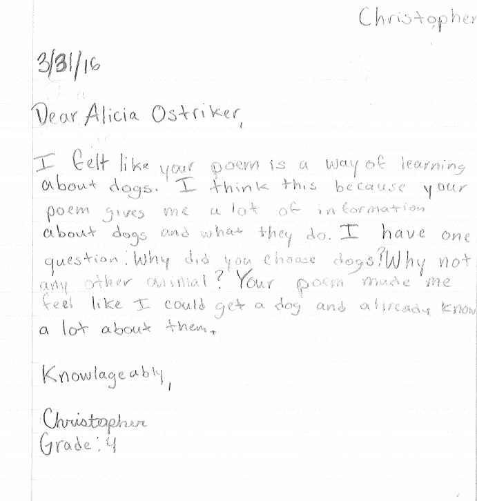 Dear Alicia Ostriker from Christopher
