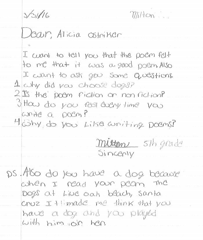 Dear Alicia Ostriker from Milton