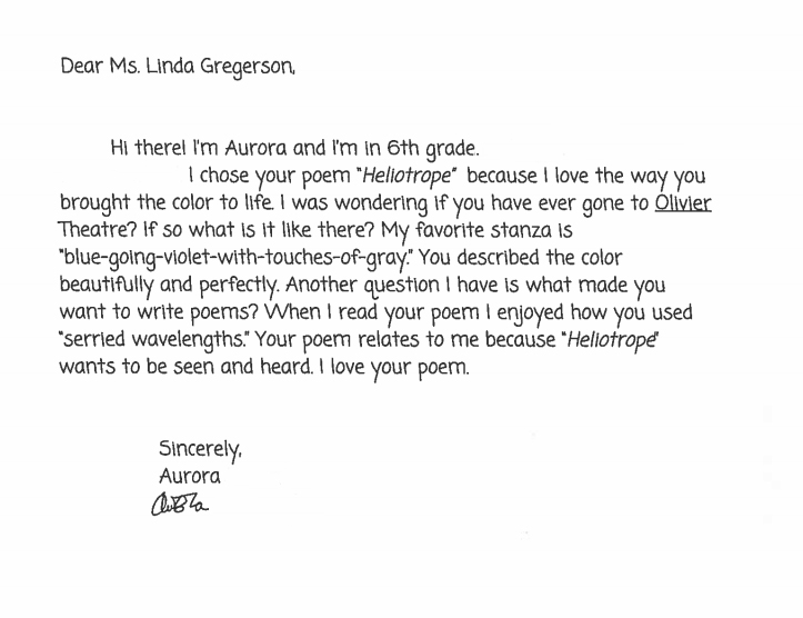 Dear Linda Gregerson from Aurora