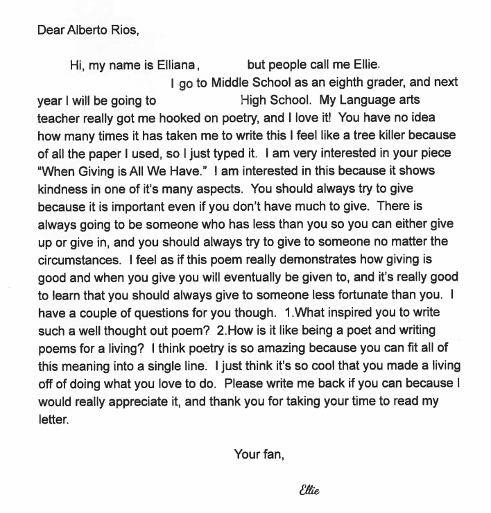 Dear Alberto Ríos from Ellie