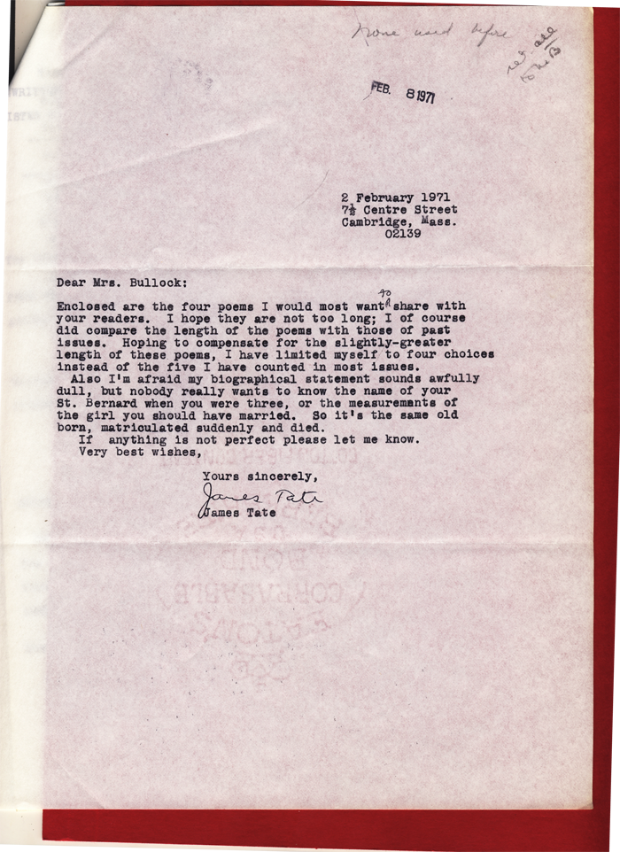 James Tate 1971 Letter