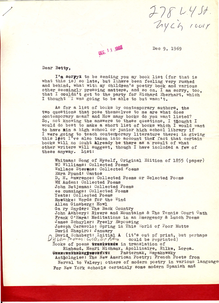 Kenneth Koch&#039;s 1969 Letter