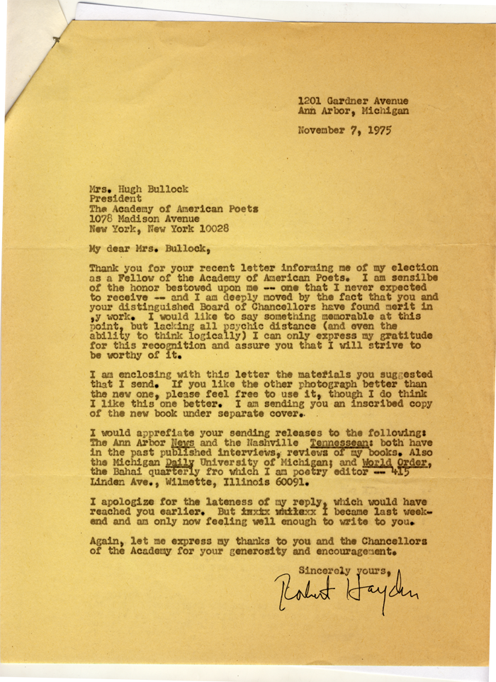 Robert Hayden&#039;s Fellow Election Letter, 1975