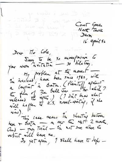 Ted Hughes Letter, 1986
