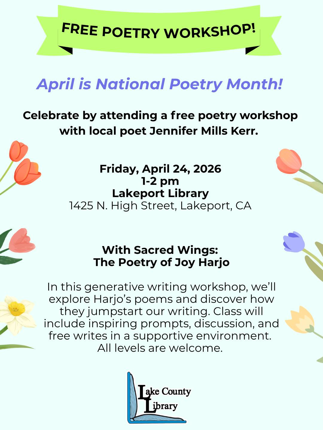 In this generative writing workshop with local poet Jennifer Mills Kerr, we'll explore Harjo's poems and discover how they jumpstart our writing. Class will include inspiring prompts, discussion, and free writes in a supportive environment. All levels are welcome. 