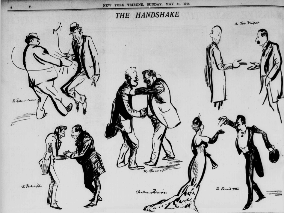 Various pen and ink sketched images of handshakes, featured in the New York Tribune from 1914