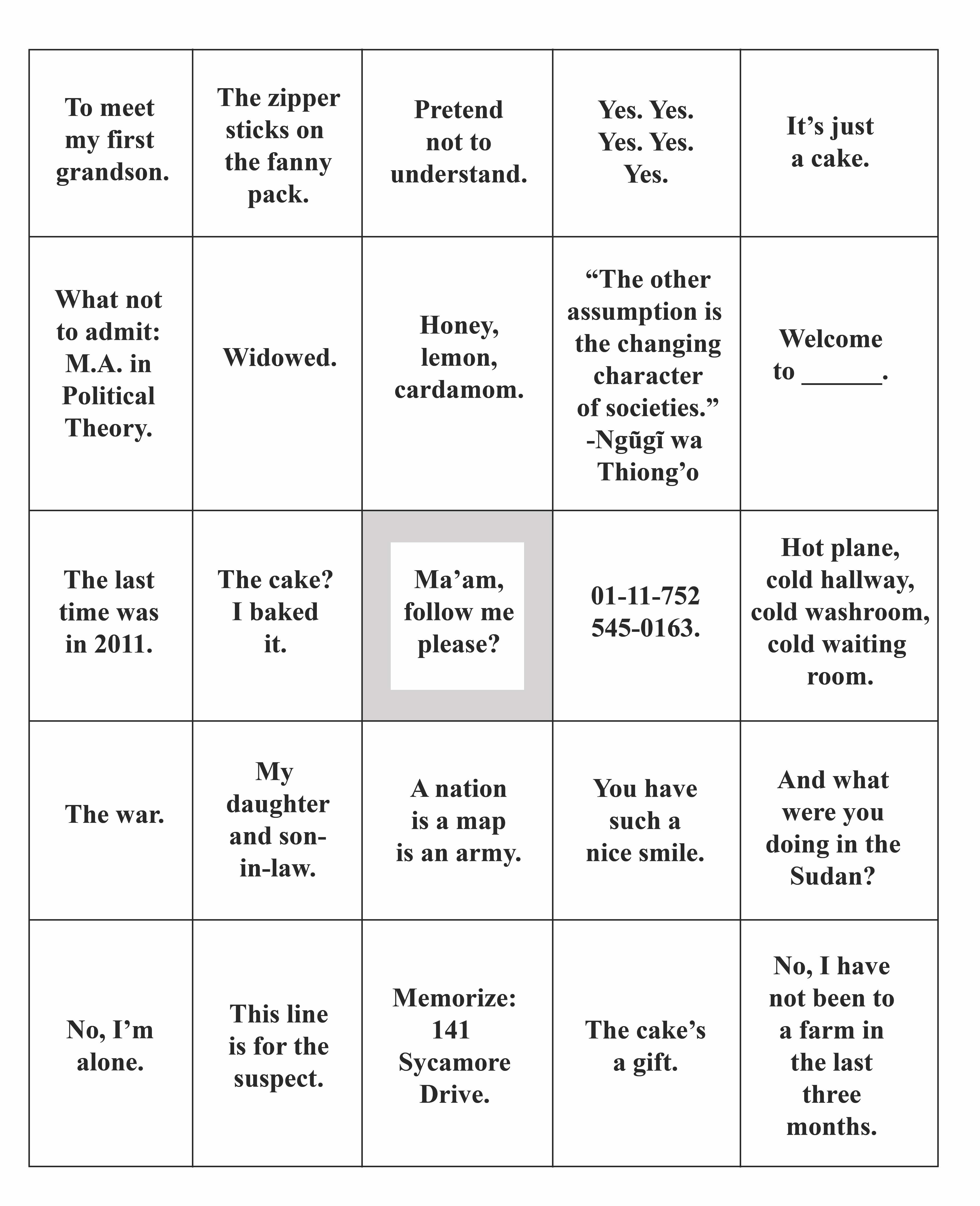 The Bacon Hair Bingo Card